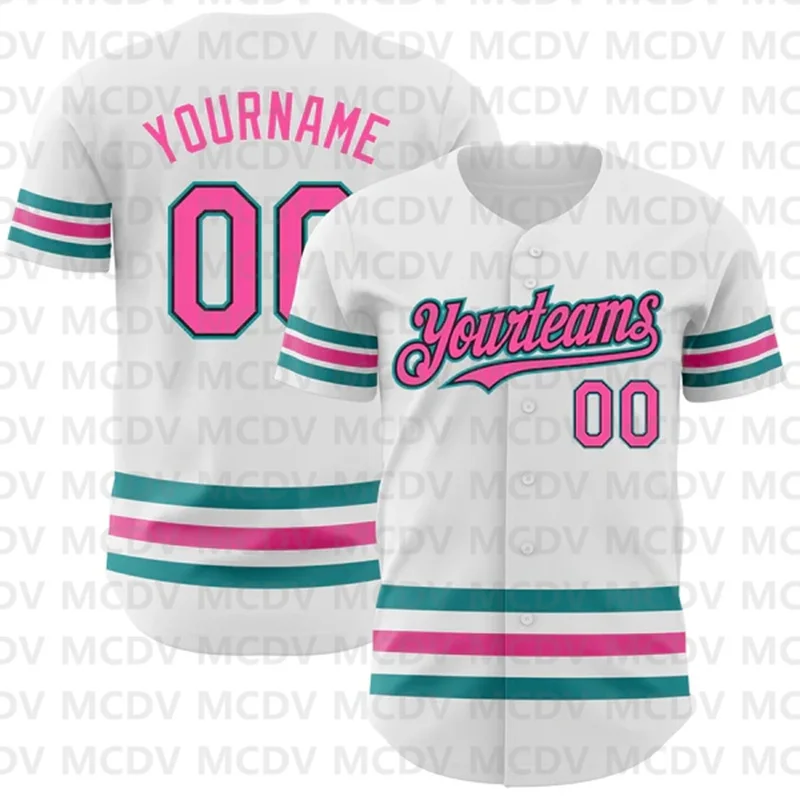 Custom White Pink Black-Teal Line Baseball Jersey 3D Printed for Men and Women Shirt Casual Shirts Sportswear Hiphop Tops