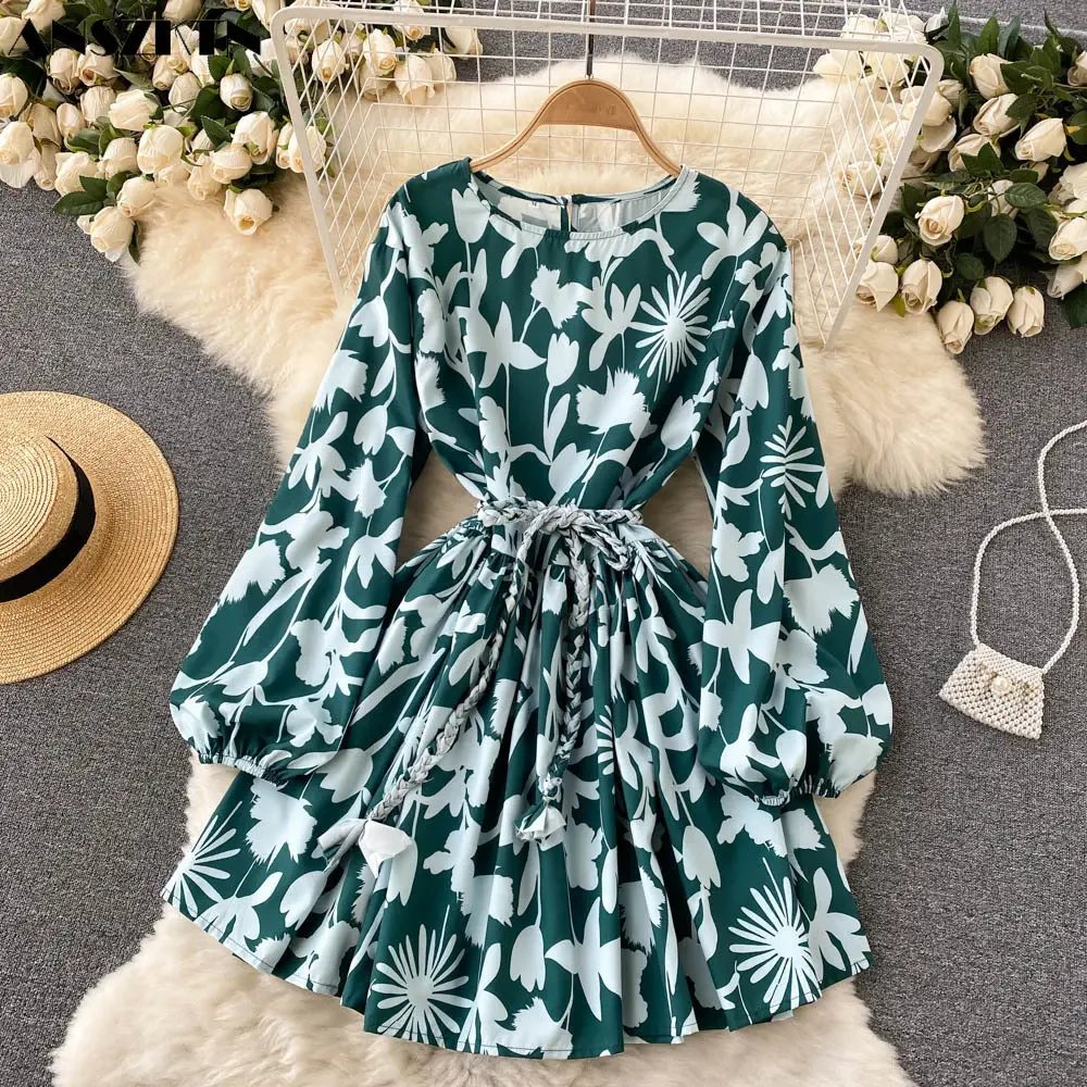 Wholesale Discount Women Long Sleeve Elegant Casual Emerald Green Floral Dress For Ladies