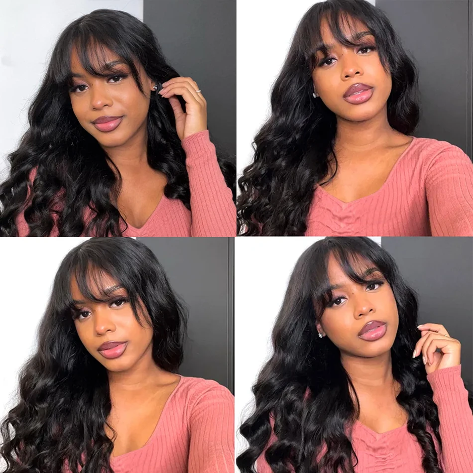 Long Body Wave Human Hair Wig With Bangs Full Machine Made Wig None Lace Wigs Peruvian Body Wave Wigs Glueless Wig Ready To Wear