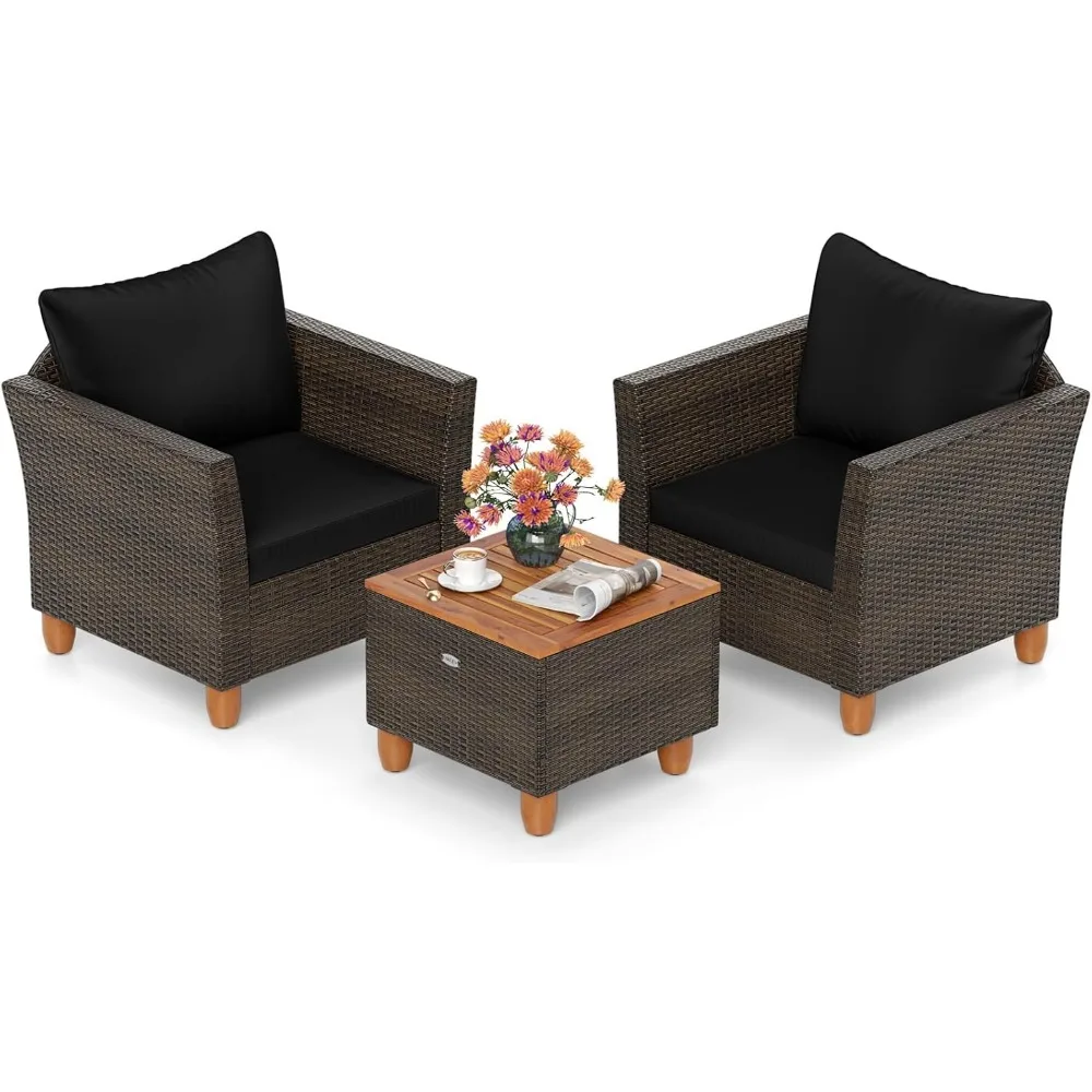 

3-piece terrace conversation furniture set, outdoor willow sofa set with soft cushion and balcony coffee table