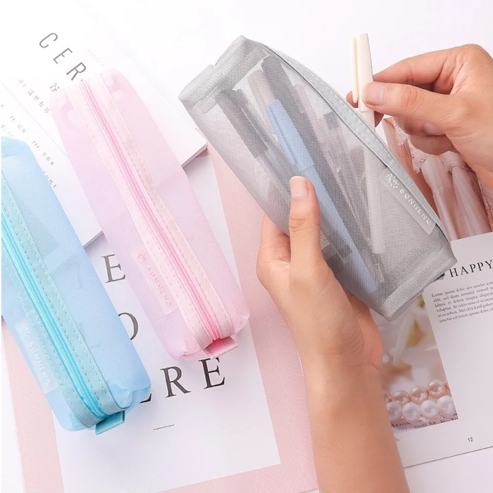 Portable Translucent Mesh Pencil Bag Storage Bag Multicolor Stationery Bag Large Capacity Stationery Storage Bag Study Supplies