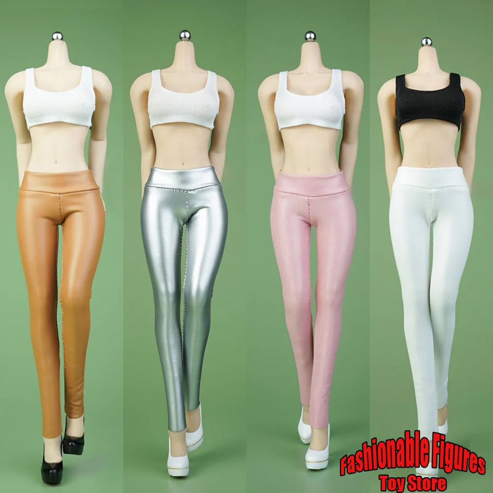 1/6 Women's Elastic Leather Pants Sexy Stretch Faux Leather Trousers High Waist Skinny Jeggings For 12Inch Action Figure Body