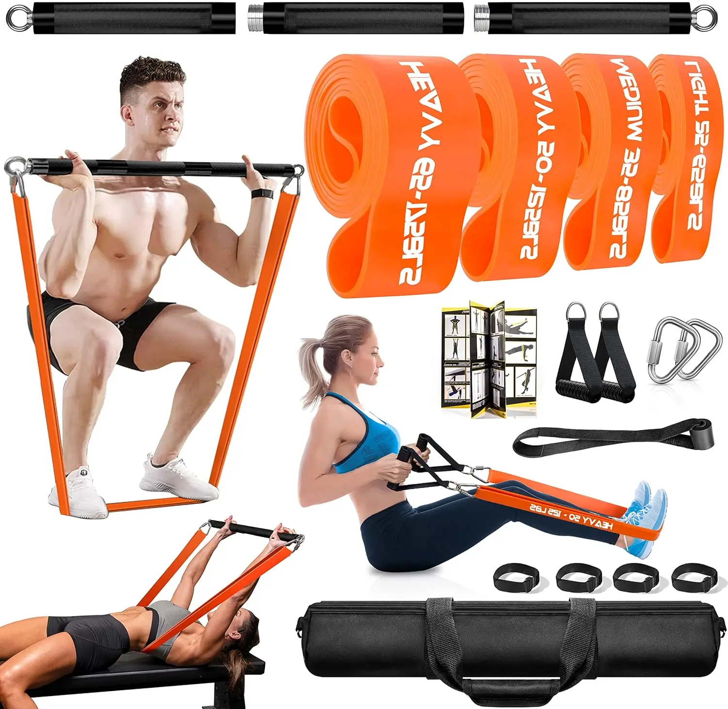 Extra Heavy Home Gym Resistance Band Bar Set with 4 Stackable Resistance Bands,Detachable Full Body Workout Equipment