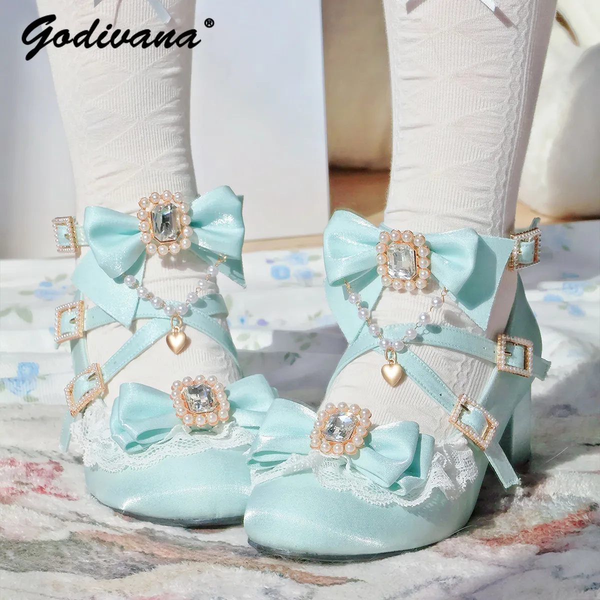 

Original Lolita Mid-heel Lo Shoes Sweet Girls Gorgeous Cla Rhinestone Pearl Satin High Heel Birthday Party Princess Shoes Women