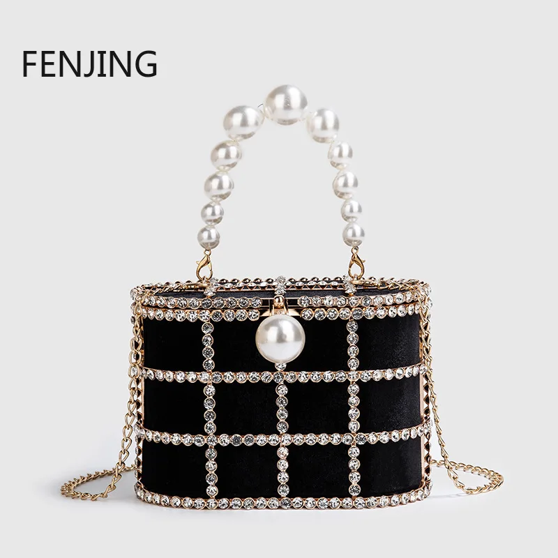 Diamonds Basket Evening Clutch Bags Women 2023 Luxury Hollow Out Pearl Beaded Metallic Cage Handbags Ladies Wedding Party Purse