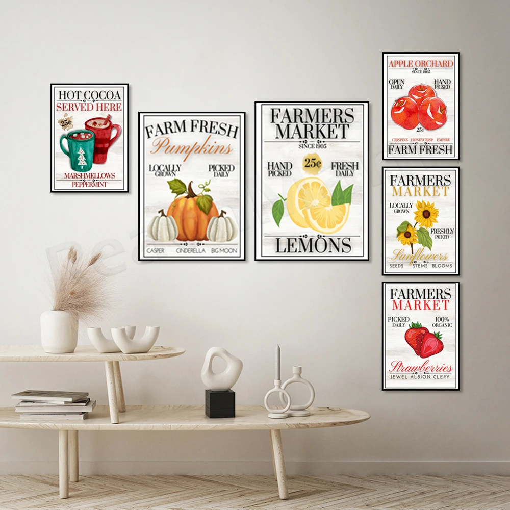 

Farmers market poster, lemon, pumpkin, strawberry, farm fresh christmas tree, christmas poster, hot cocoa art, sunflower poster,