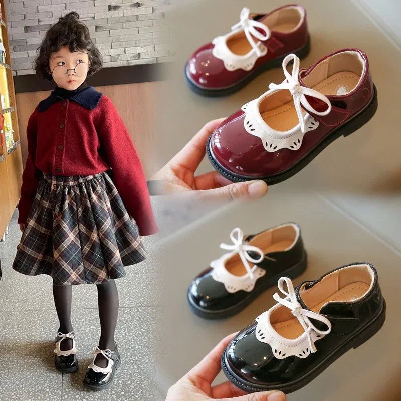 Zapatos de princesa para niños y niñas, zapatos planos elegantes de charol con lazo y volantes, color rojo vino y negro