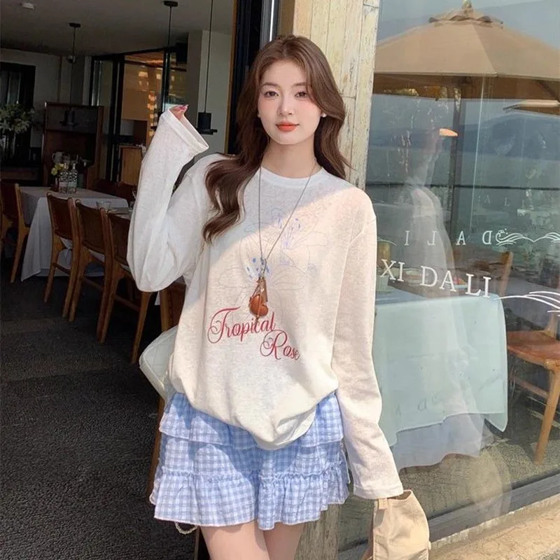 

Женская одежда, элегантная модная футболка с длинным рукавом и цветочным принтом, весна-осень, повседневная свободная солнцезащитная крышка, футболка, женские тонкие пуловеры