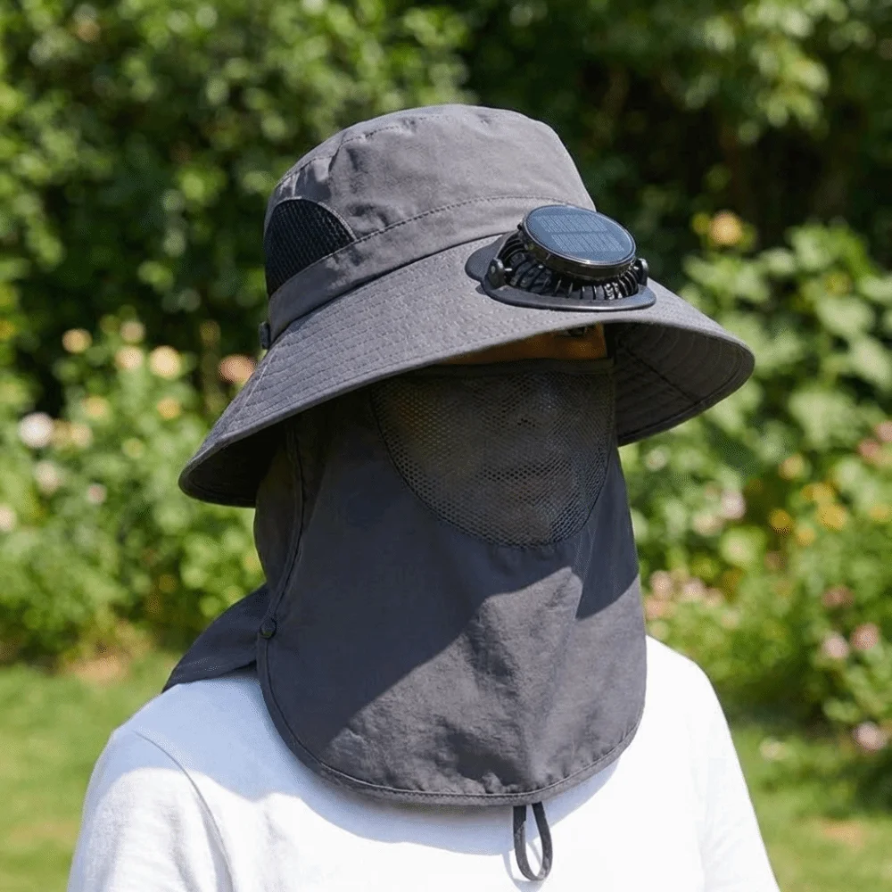 Portable Solar Rechargeable Fan Hat Long-lasting Adjustable Fishing Sun Shading Hat with Face Cover 1000mA Wide Brim Fan Hat