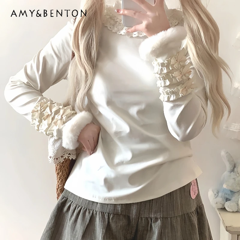 

Новая зимняя женская нижняя рубашка в стиле Лолиты с длинными рукавами, корейский дизайн, утолщенная плюшевая футболка на флисовой подкладке с высоким воротом, теплая женская футболка