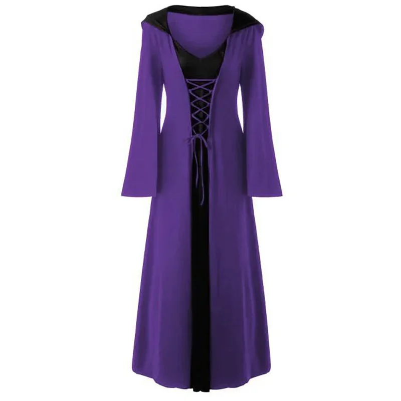 Mittelalter liches Kleid für Frauen Schnürung Vintage Kapuze Umhang Robe Erwachsenen Kostüm Retro Cosplay Halloween gruselige Vampir Hexe langes Kleid