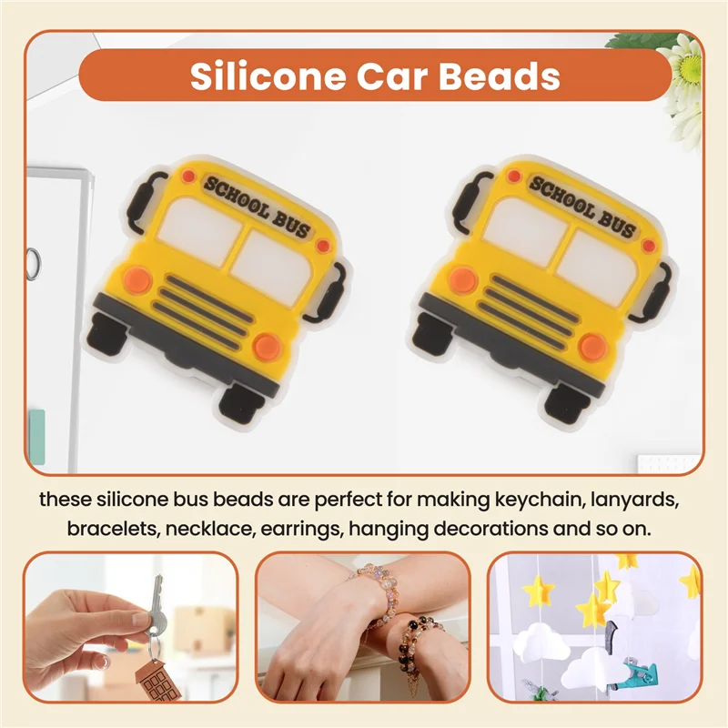 AEE2-10Pcs Silicone Car Beads Silicone Focal Beads School Bus Shaped Beads Focal Beads For Pens Flat Loose Spacer Beads