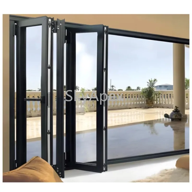 Customized Colors Frameless Aluminum Folding Slide Patio Door Balcony Partition For Courtyard Exterior Hotels Windproof  Durable