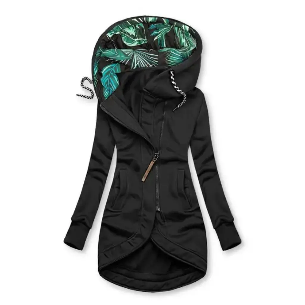 

Women's Hooded Jacket Solid Color Printed Long Sleeve Zipper Fashion for
