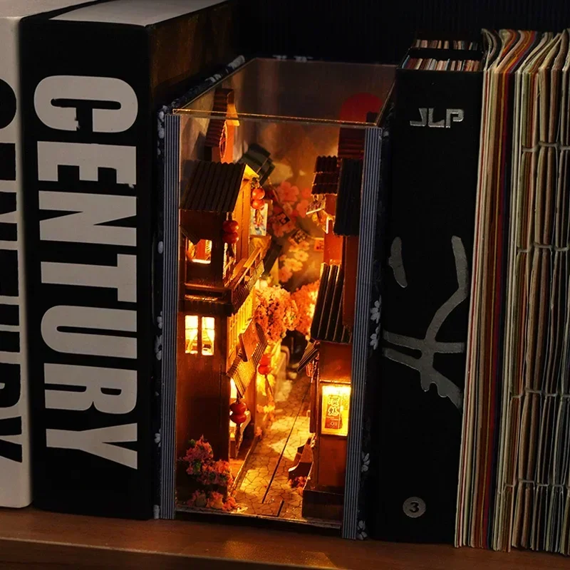 

DIY Wooden Japanese Store Book Nook Shelf Insert Kits Miniature Dollhouse with Furniture Cherry Blossoms Bookends Toys Gifts