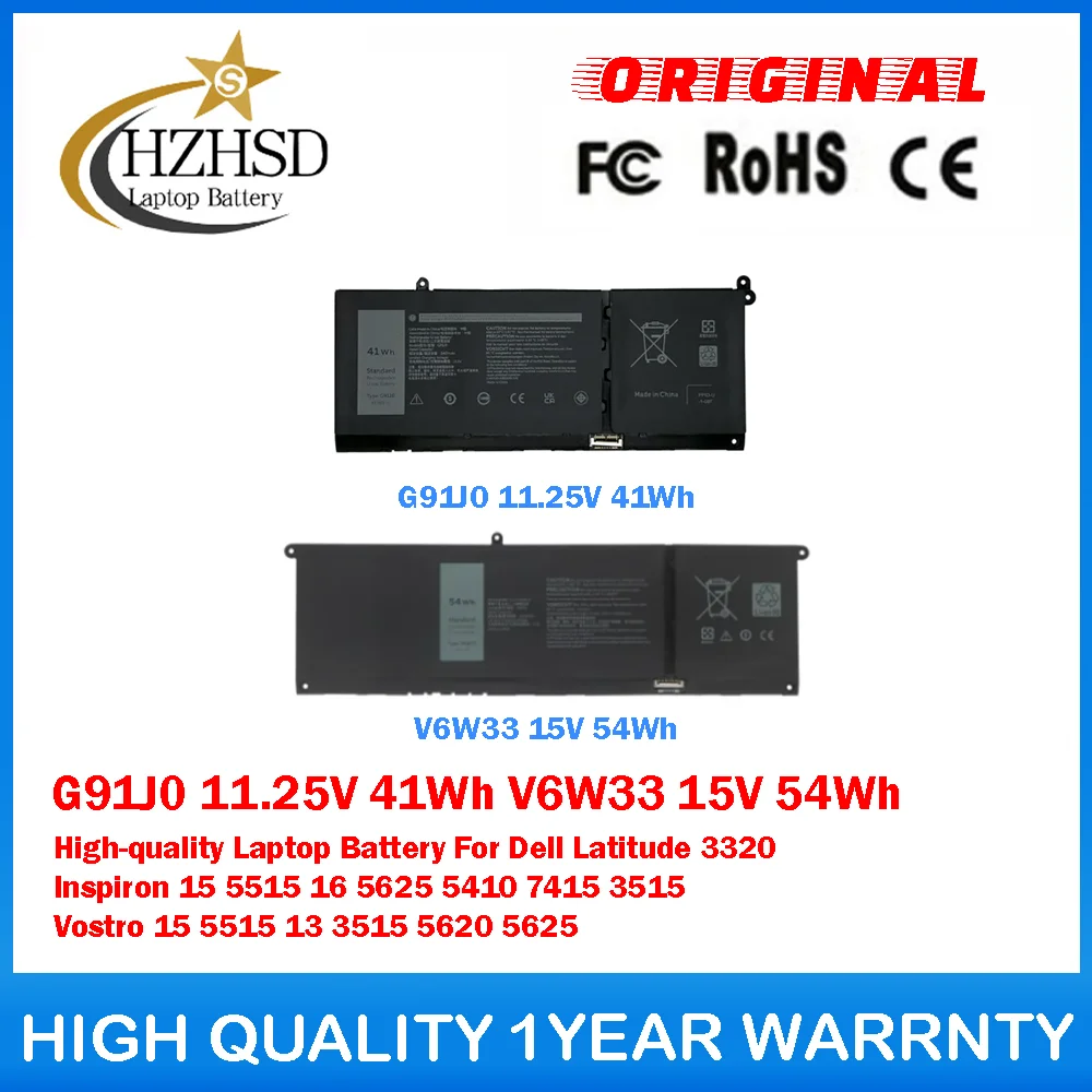 

Оригинальная батарея для ноутбуков Dell Latitude 3320, Inspiron 15 5515, 16 5625, 5410, 7415, 3515: G91J0 11.25V 41Wh, V6W33 15V 54Wh