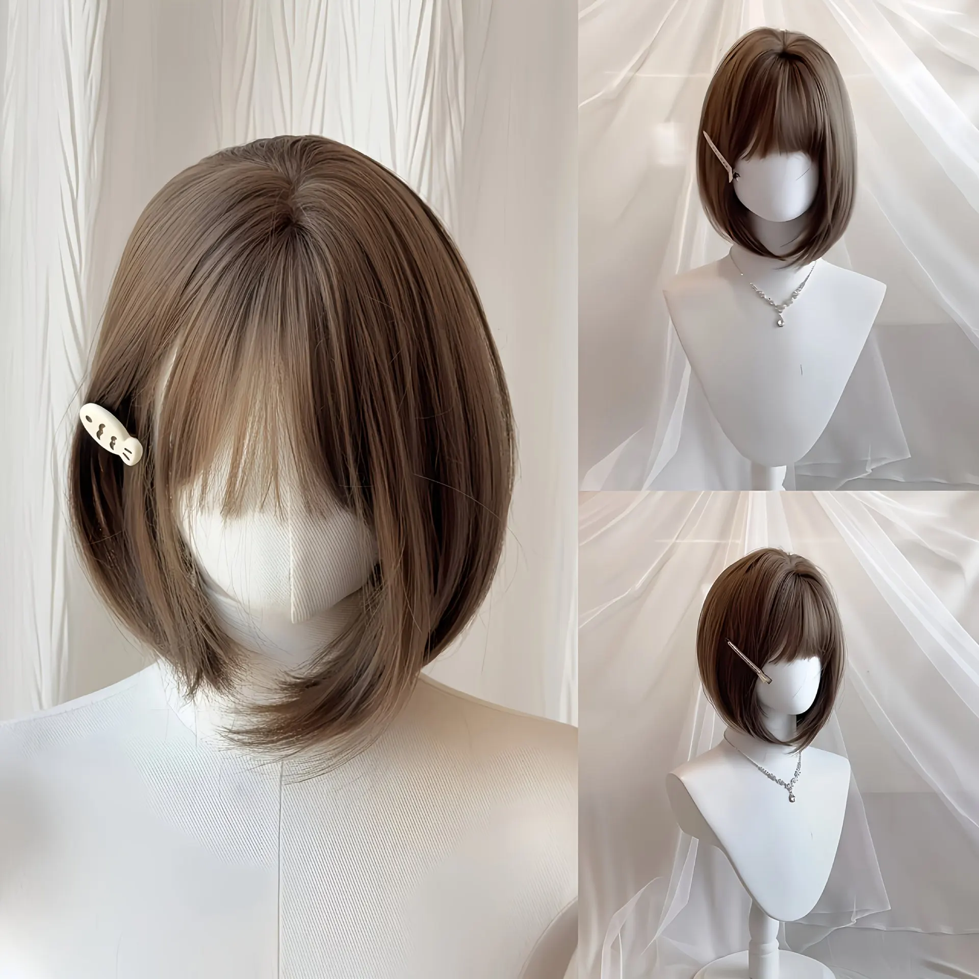 

Европейская и американская темно-коричневая голова Бобо, короткие прямые волосы, челка Ци, дышащая розовая сетка, механизм из химического волокна, парик, головной убор