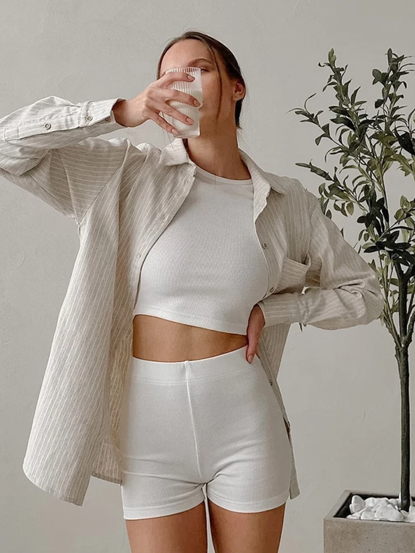 Marthaqiqi White Ladies Nightgowns Suit O-Neck Pajamas Crop Top Sleepwear Long Sleeve Nightwear Shorts Casual Female Pajamas Set