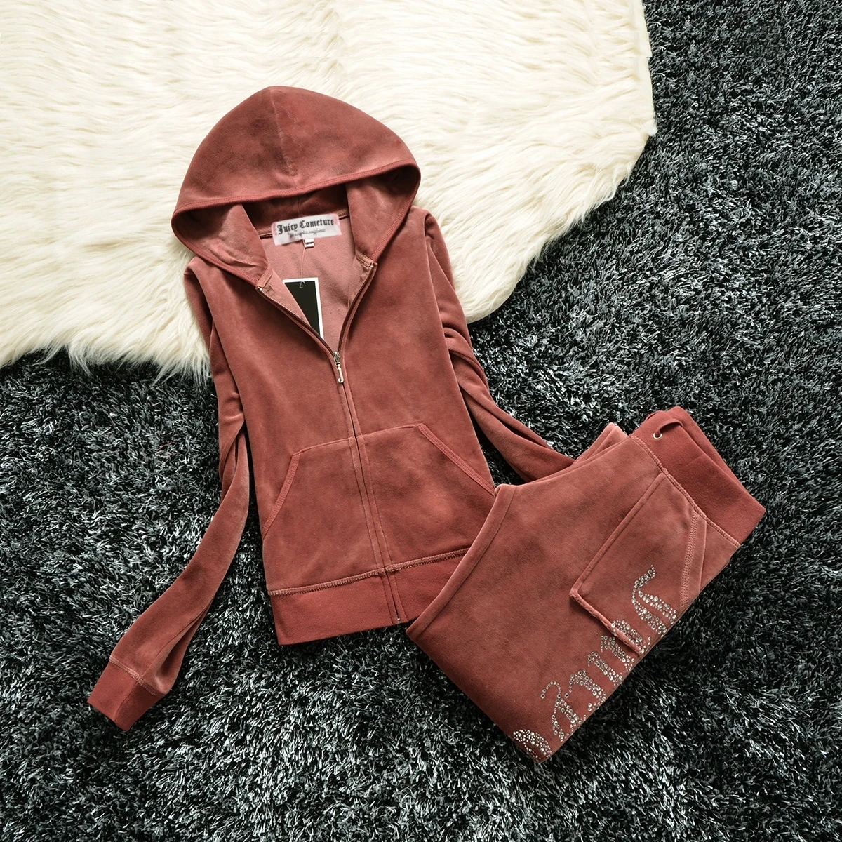 JUICY Cometure Y2K Velvet Tracksuit Women New Sports Suit Winter Casual Warm Hooded Jacket Y2K Women Sports Velvet Pants Suit