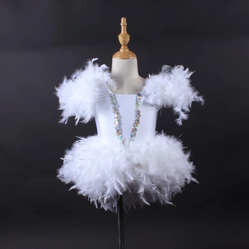 

Girl White Feather Ballet Dress Stage Performance Dancewear Children Short-sleeved Sequined Ballet Dance Stage Shows Dresses