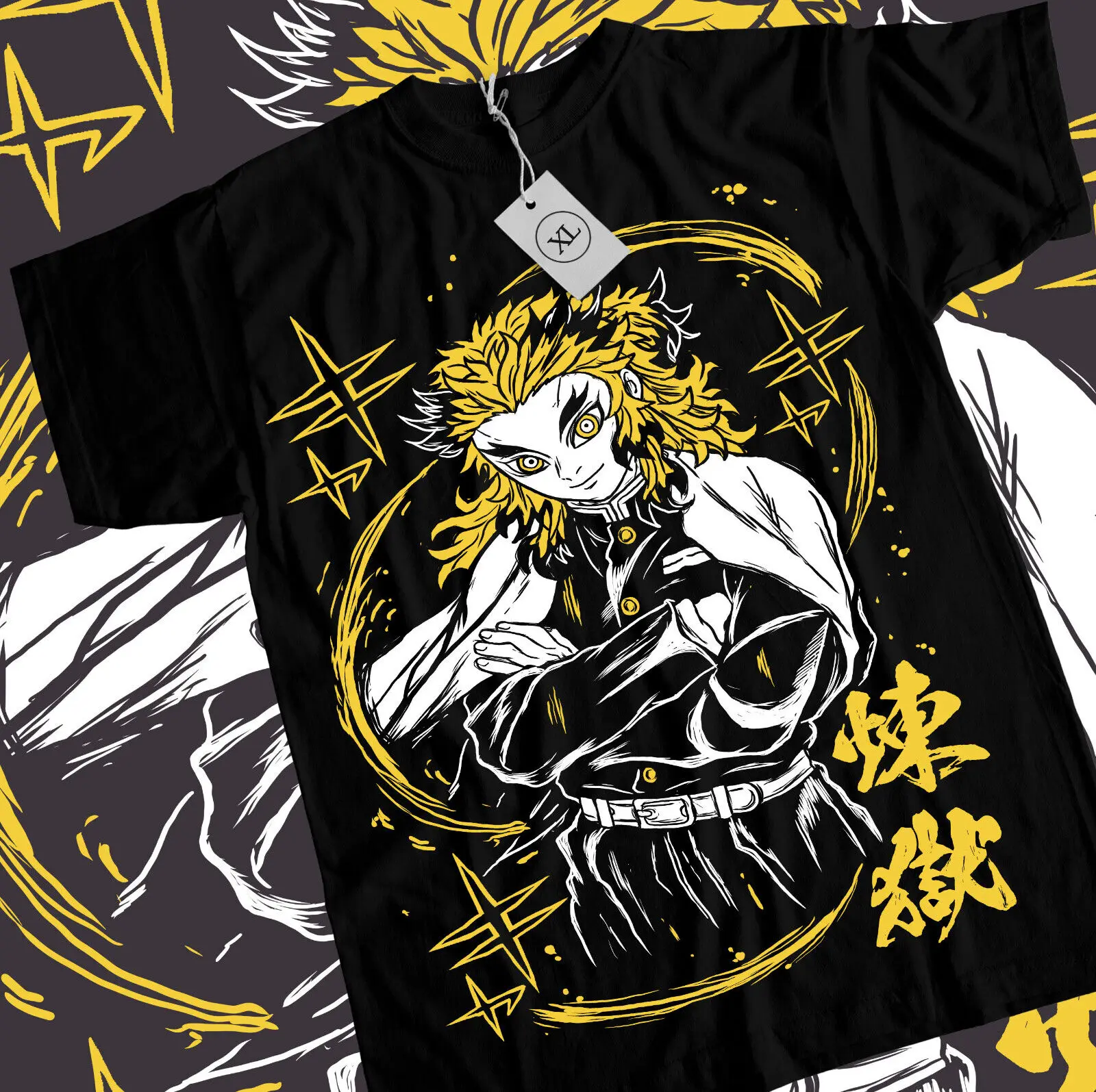 

Kyojuro Rengoku T-Shirt Kimetsu no Yaiba Anime Demon Slayer Black Shirt All Size