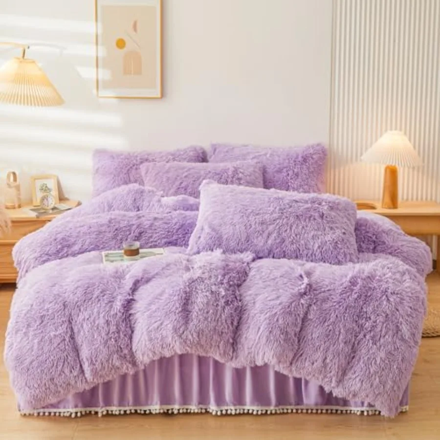 

Fluffy Lavender Faux Fur Comforter Cover Queen Set Fluffy Fuzzy Plush Lilac Bedding 4Pcs 1 Faux Fur Duvet Cover +2 Fuzzy Pillow