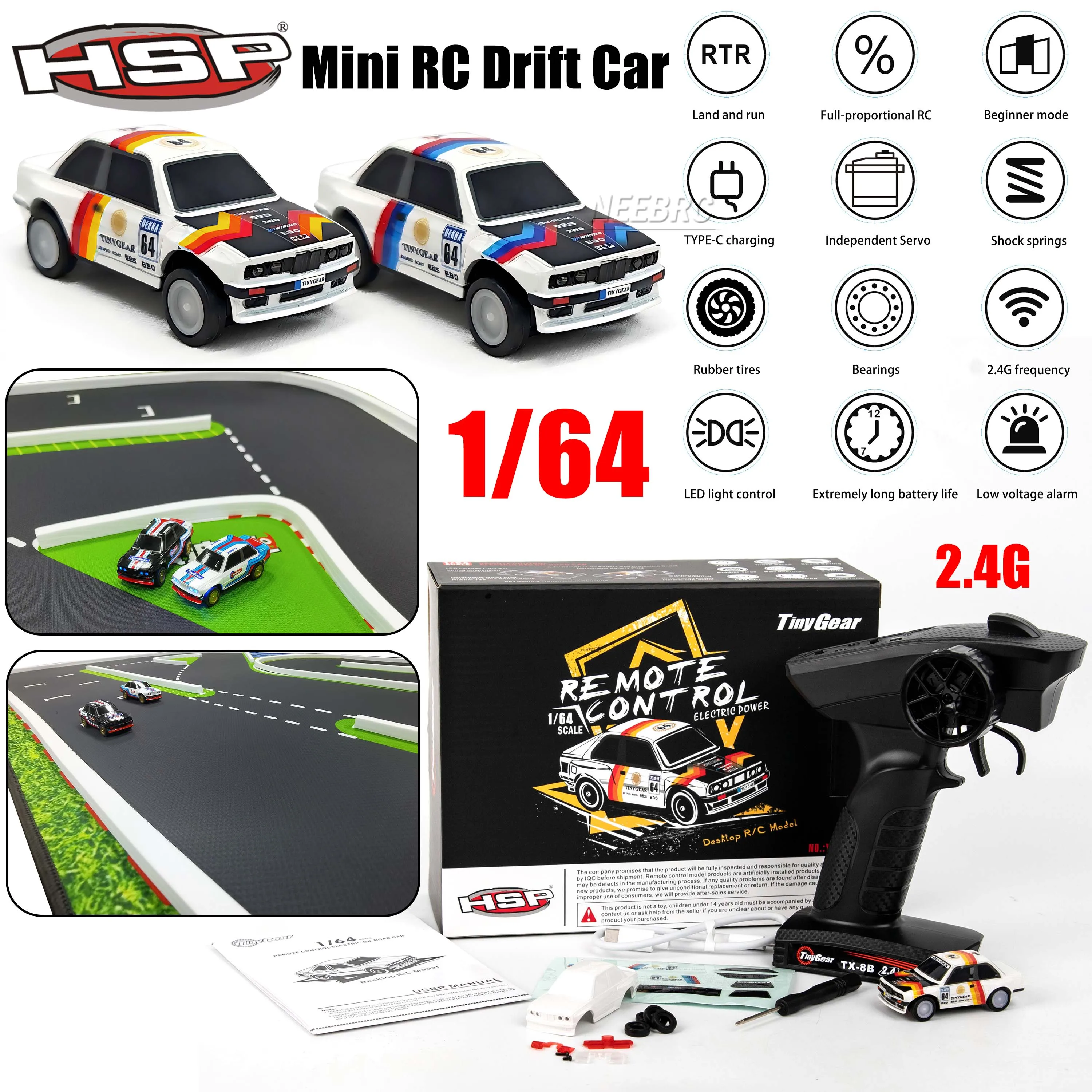 

HSP 1/64 2.4G Mini RC Drift Car RTR Racing on-road DIY Desktop Model LED System Transmitter Remote Control Runway Mat Toy Part