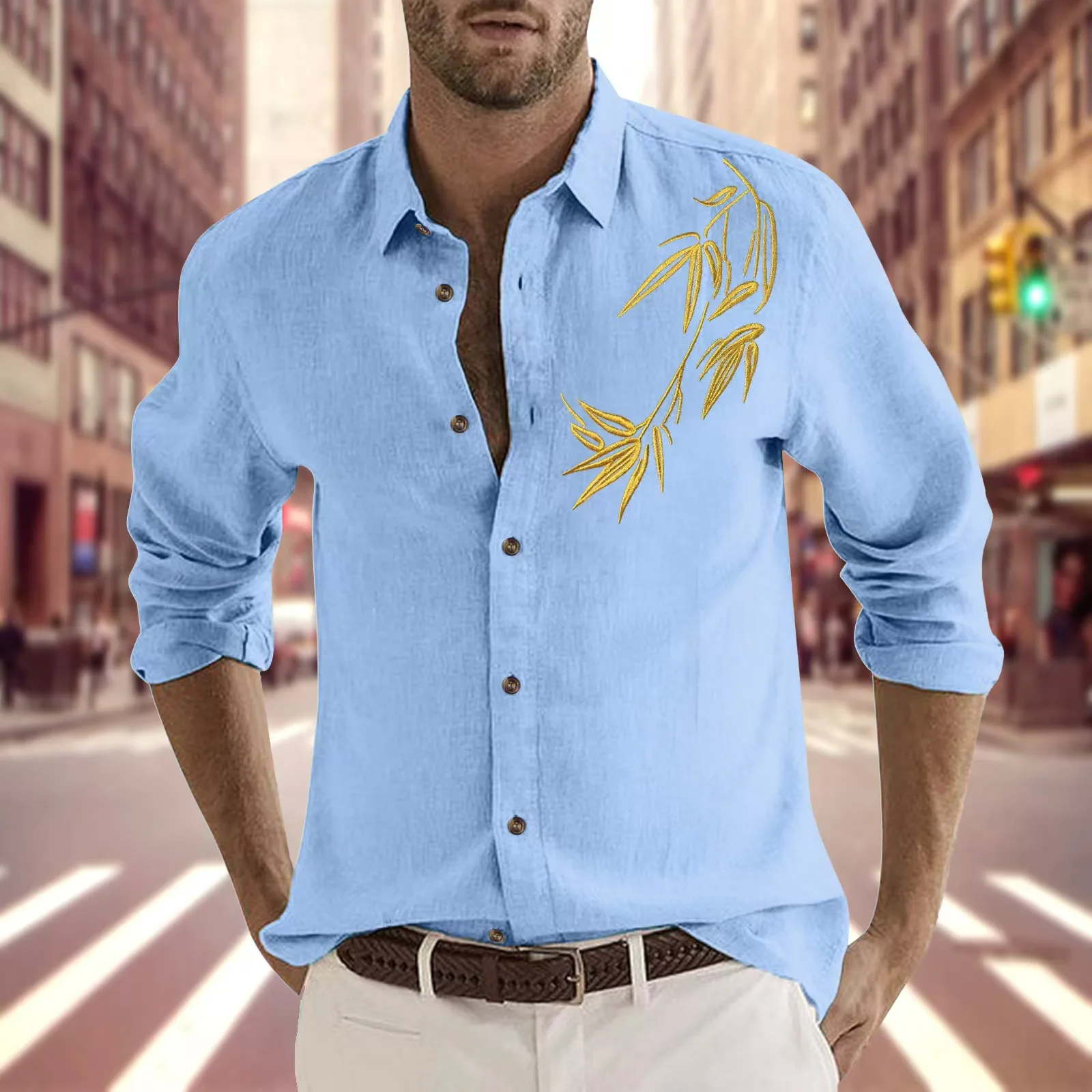 

Spring and autumn explosive men's fashion embroidery business casual shirt excellent trend solid color lapel long sleeve cardiga