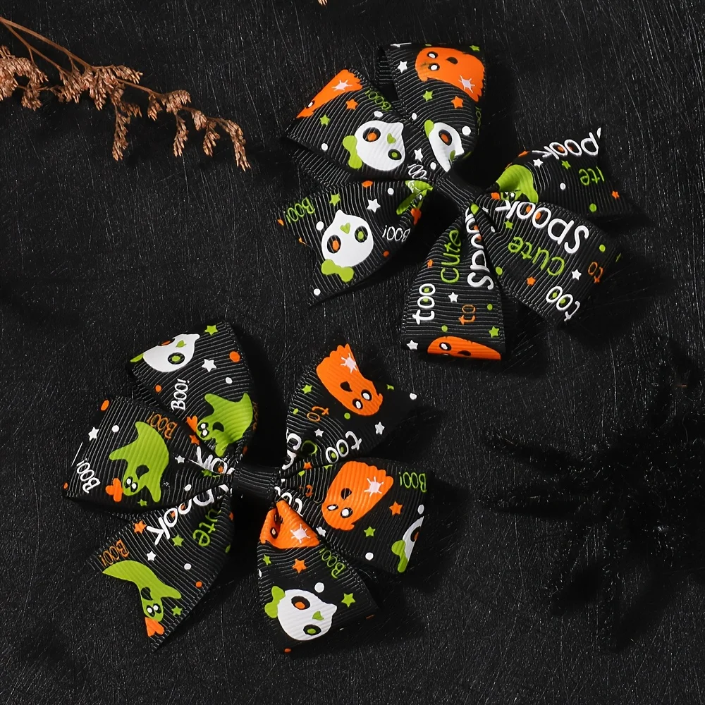 2Pcs/lot  Halloween Hair Bows Clips for Girl Creative Pumpkin Bat Ribbon Bowknot Hairgrips Cheerful Kids Headwear Hairpins