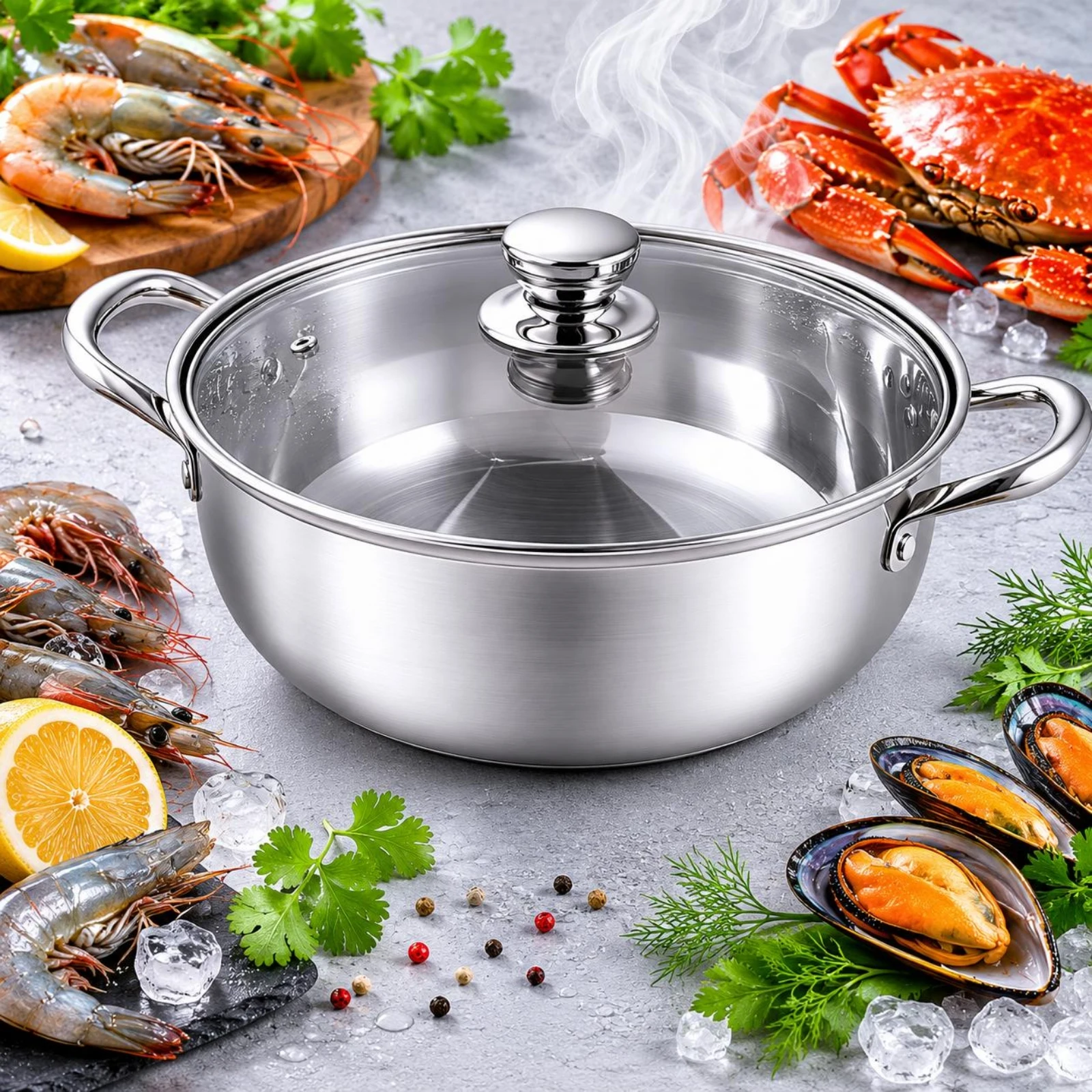 Stainless Steel Steamer Pot Polished Silver Glass Lid Steamer Pot Kitchen Cookware Stay-Cool Handles Induction Compatible - view 5