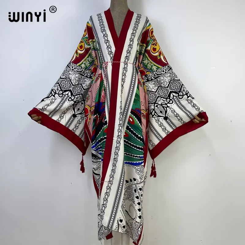 WINYI Summer Kimono Print Coat Long Sleeve Cardigan Abaya Muslim Woman Cover Up Boho Dress Kaftan Abaya Dubai Luxury Caftan