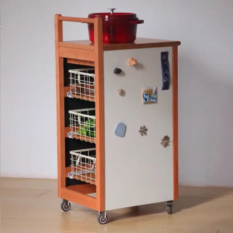Retro solid wood trolley home living room removable snack storage side rack kitchen fruit and vegetable dining side cabinet