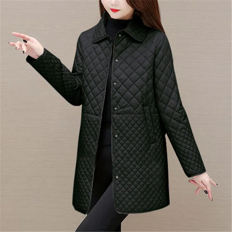 Women\'s Diamond Grid Quilted Coats, Oversized Female Coats, Korean Casual Thicken Warm Long Down Cotton Jackets, Autumn and Wint