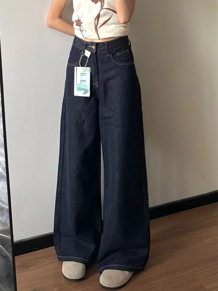 Dark-blue High Waist Women Wide Leg Jeans 2026 Autumn New Loose Figure-flattering Lazy Floor-length Long Denim Pants