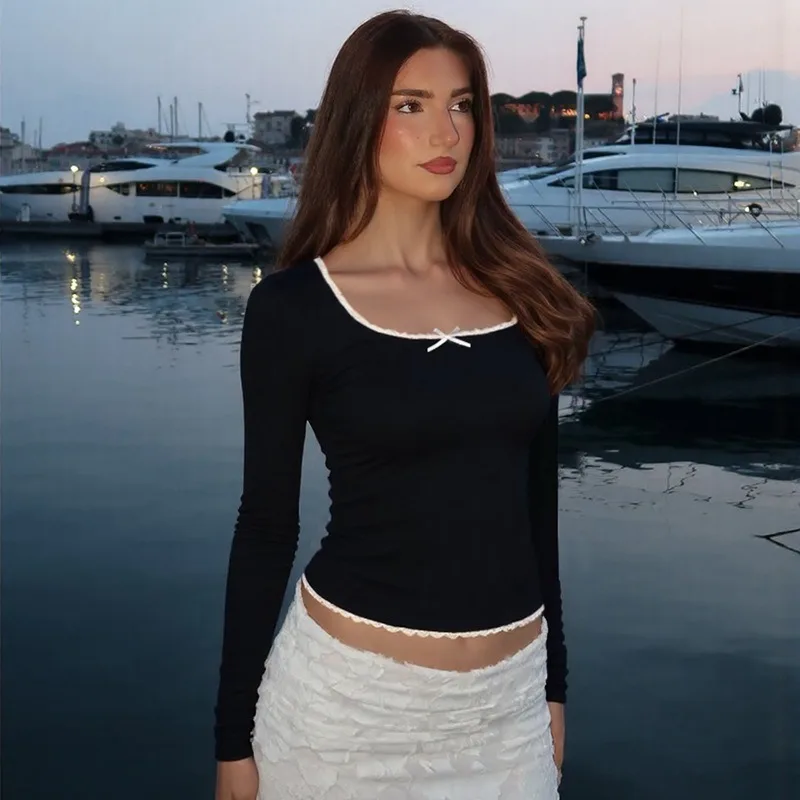 

Talenza Women's Autumn Pullover Fashion New Lace Bow Patchwork Solid Long Sleeve Top Vintage Streetwear Casual Female T-Shirts