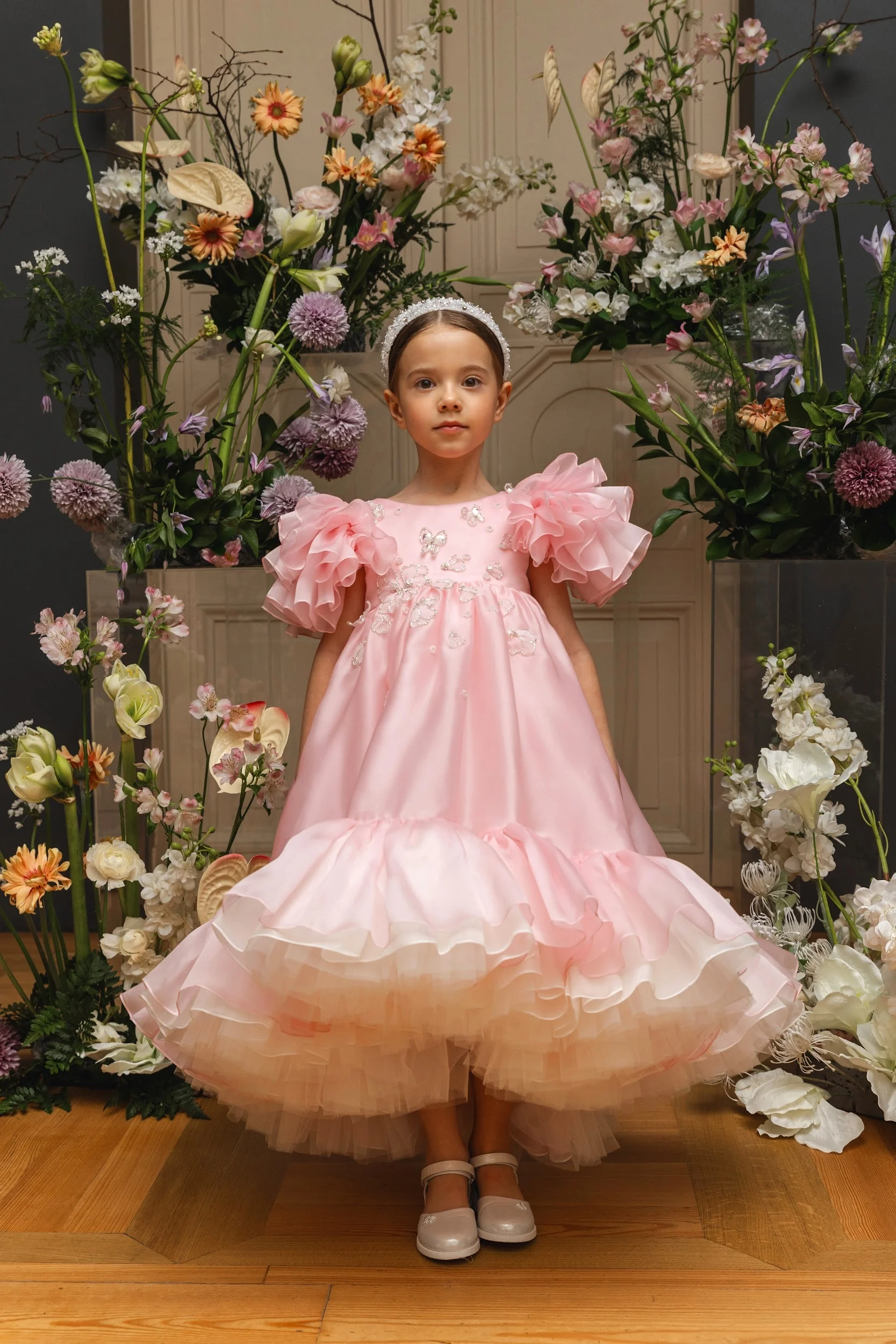 Rosa babados vestidos da menina de flor para o casamento personalizado alta baixa princesa vestidos festa aniversário da menina primeira comunhão vestido