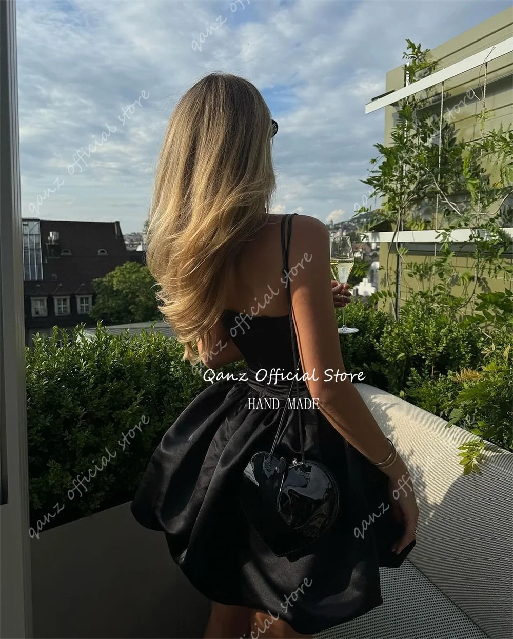 Qanz Sexy Strapless Short Prom Dresses Black Satin Backless Evening Dresses In Turkey Birthday Dresses Luxury 2024 Customized