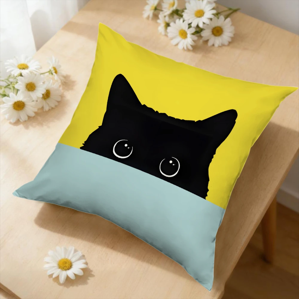 1pc Cartoon Black Cat Cushion Cover Yellow Blue Printed Pillowcase For Sofa Bedroom Home Decor Soft Comfortable Throw Case