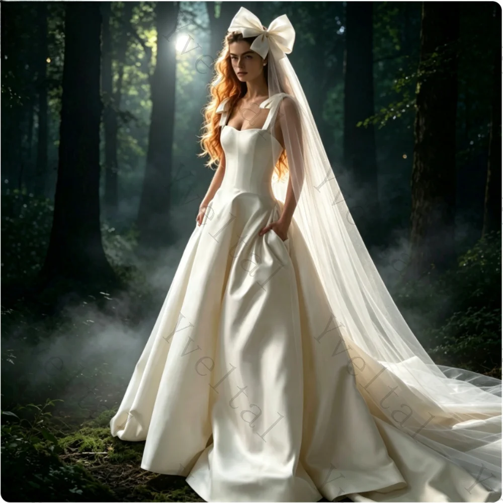 Customized Graceful Dignified Temperament Sleeveless Satin A-Line Wedding Dresses Square Collar Princess Fascinating Bridal Gown