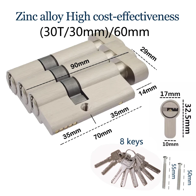 Zinc Alloy Indoor Door Lock Cylinder 60/70/80 Rotary Key Lock universal Bedroom Door Lock