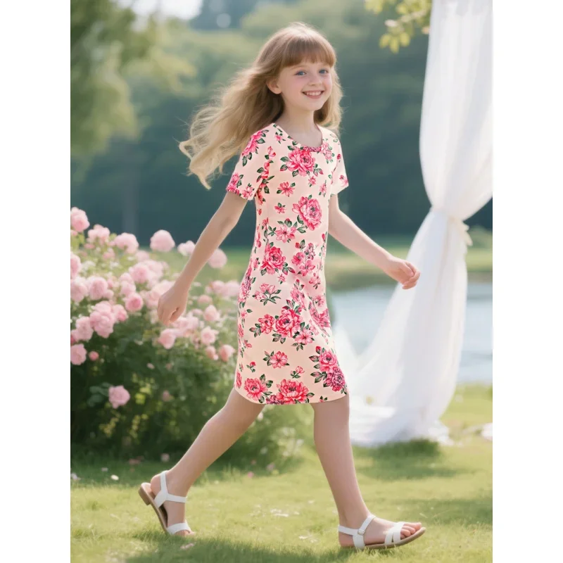 

2025 New Toddler Girls Floral Print Dress - Short Sleeve Casual Party Summer Outfit for Kids