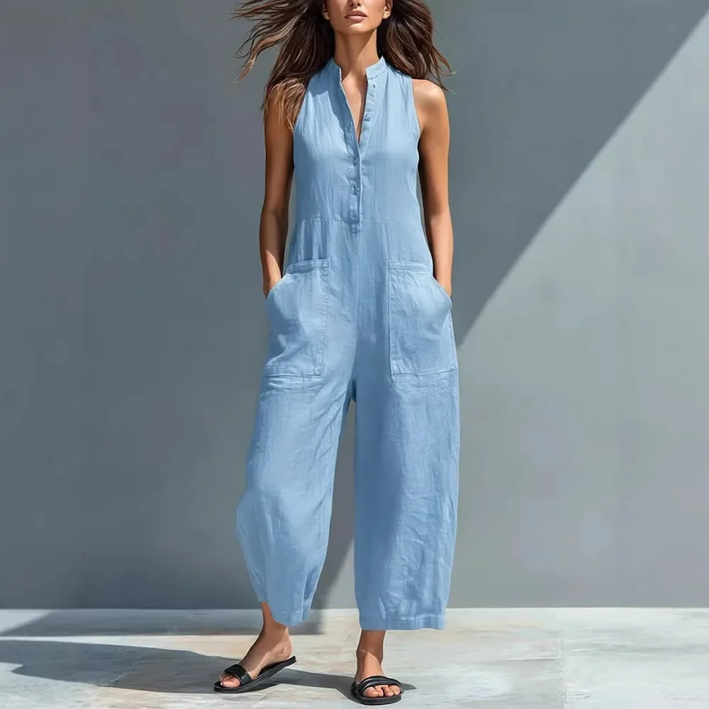 Katoenen en linnen jumpsuit Dames met opstaande kraag, mouwloze zak, hoge taille, wijde pijpen, jumpsuits, casual damesbodysuits voor woon-werkverkeer