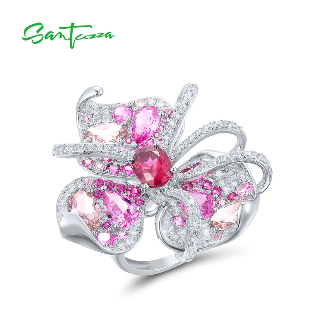 

SANTUZZA 925 Sterling Silver Ombre Rings For Women Sparkling Created Ruby Pink Sapphire Gorgeous Lily Flower Trendy Fine Jewelry