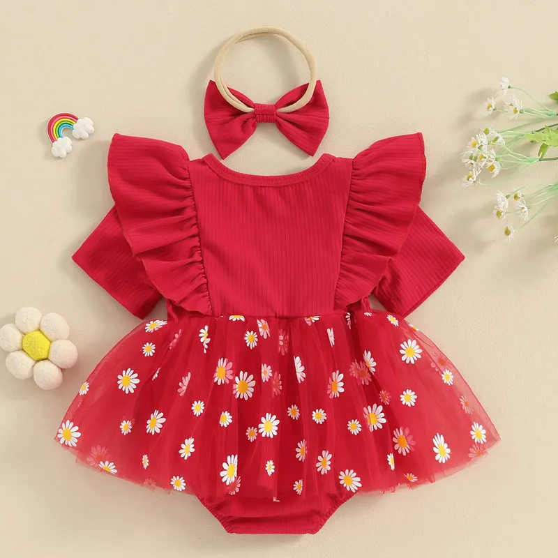 Baby Girl Bodysuit 2 Piece Outfits Daisy Print Ribbed Short Sleeve Mesh Romper Dress with Cute Headband Set Summer Clothes