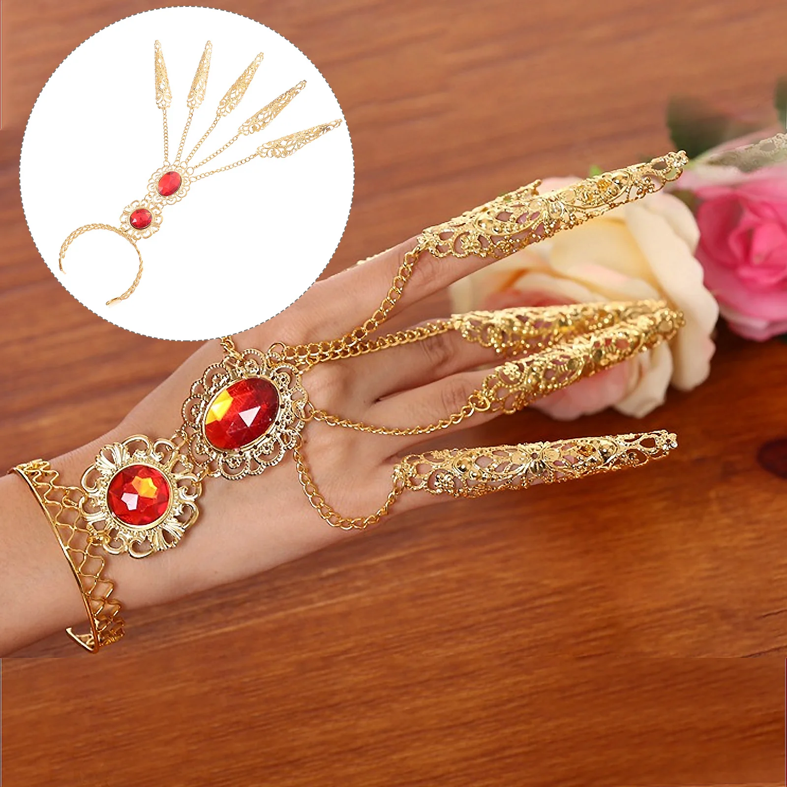 손목 체인이 있는 긴 금색 속이 빈 디자인의 손톱 커버 2개, 무대 공연 코스프레 장식용 손가락 끝 장식