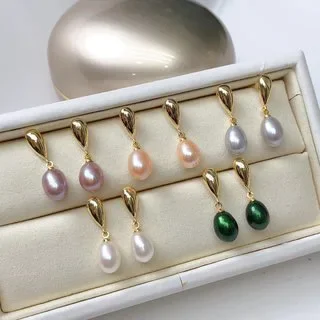 Freshwater Pearl Earrings Rice-shaped Water Drop Bead Stud Earrings Simple And Exquisite Atmosphere Fashion Queen Fan