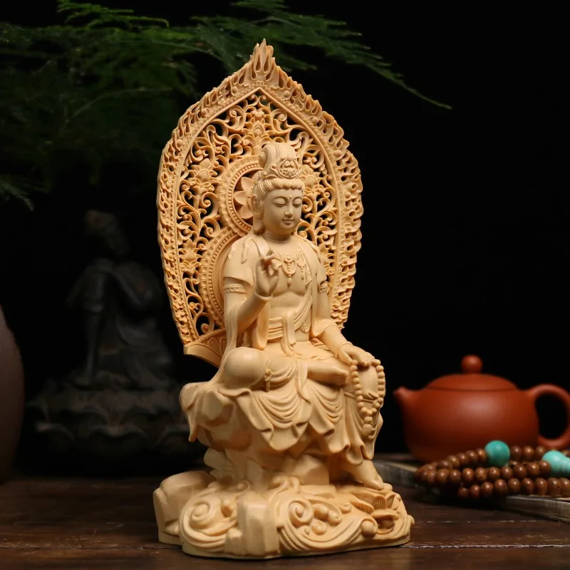 Hand-Carved Hinoki Wood Standing Guanyin Bodhisattva Statue with Prayer Beads and Lotus Base, Kuan Yin Figurine for Home Altar
