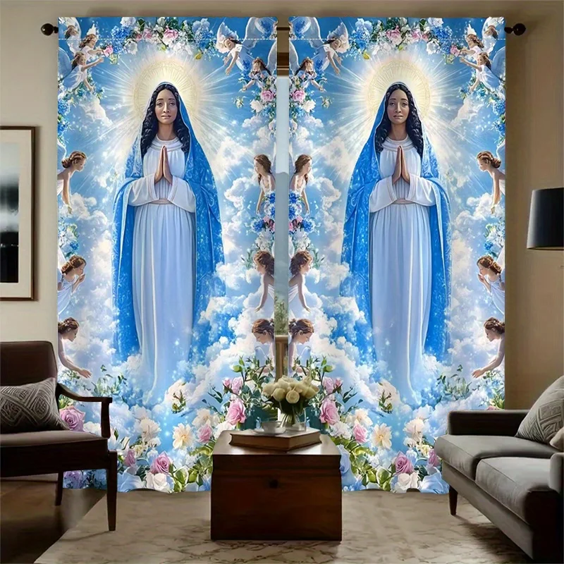 Virgin Mary Curtains Religious Art Heavenly Clouds Design Elegant Home Decor Christian Theme Window Drapes Fashion Interior