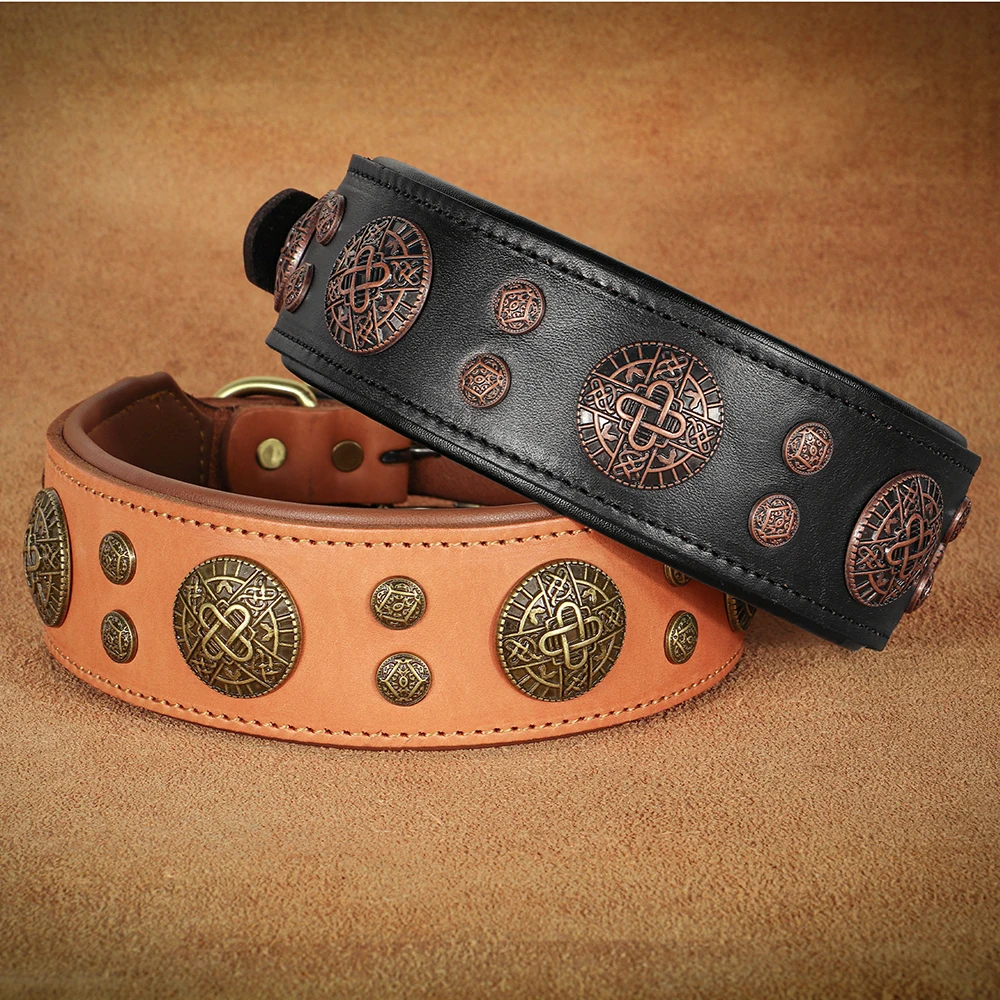 Real Leather Dog Collar Cool Spiked Studded Pet Collars Genuine Leather Medium Large Dogs Collars Necklace Pitbull Bulldog