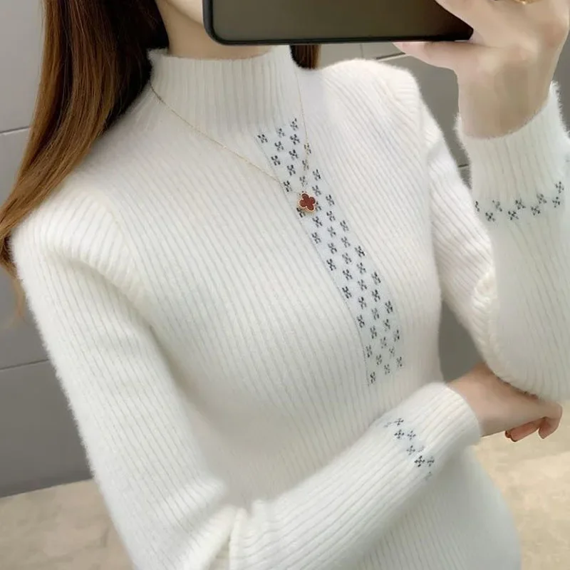 Autumn Winter Casual Women\'s Solid Color High Neck Sweaters Fashion Jacquard Long Sleeve Slim Underlay Knitted Tops for Female